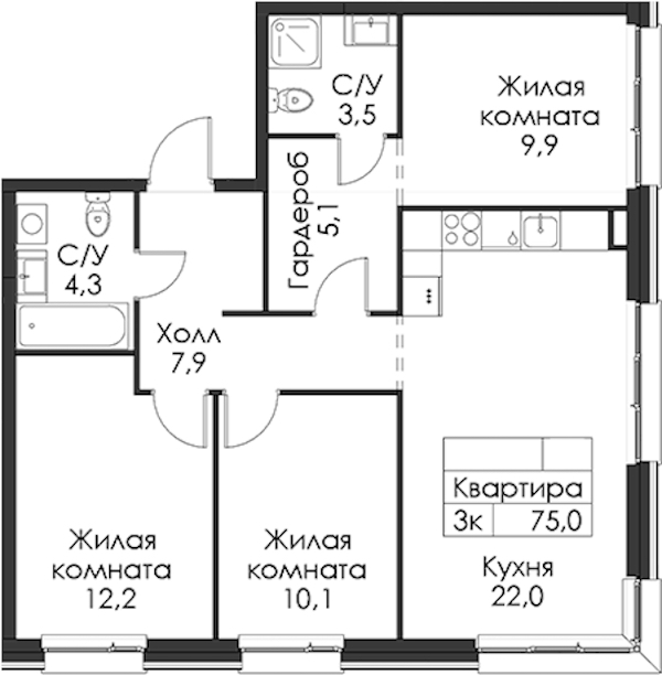 3-комнатная квартира 75 м², 6/12 эт., ЖК «Шкиперский 19»